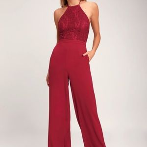 NWT Lulus Stunna Wine Red Lace Backless Jumpsuit